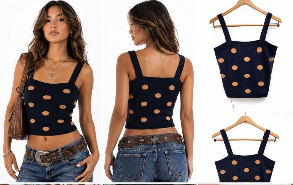 Preppy Blu Pepper Womens Cropped Knit Tank Size M Navy Polka Dot Sweater
